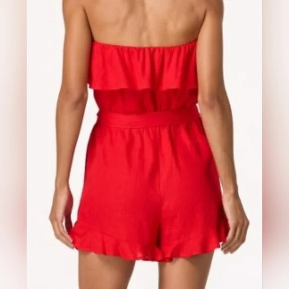 Bright Red Strapless Linen Blend Romper - Picture 2 of 5